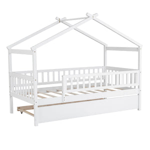 The Creativity House Bed With Twin Size Trundle is a white, wooden, house-shaped children's bed featuring safety rails, an open frame design with a slatted base, and an under-bed storage drawer. Its structure resembles a minimalist playhouse.