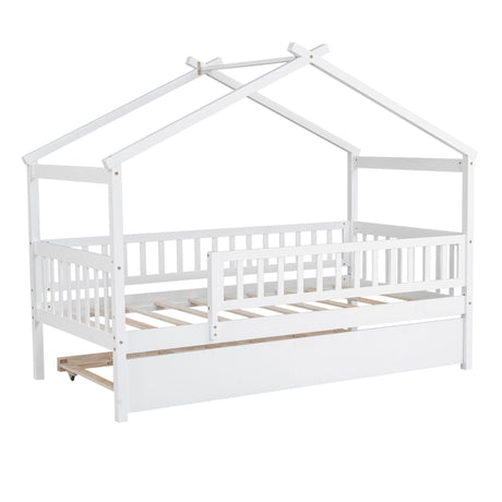 The Creativity House Bed With Twin Size Trundle is a white, wooden, house-shaped children's bed featuring safety rails, an open frame design with a slatted base, and an under-bed storage drawer. Its structure resembles a minimalist playhouse.
