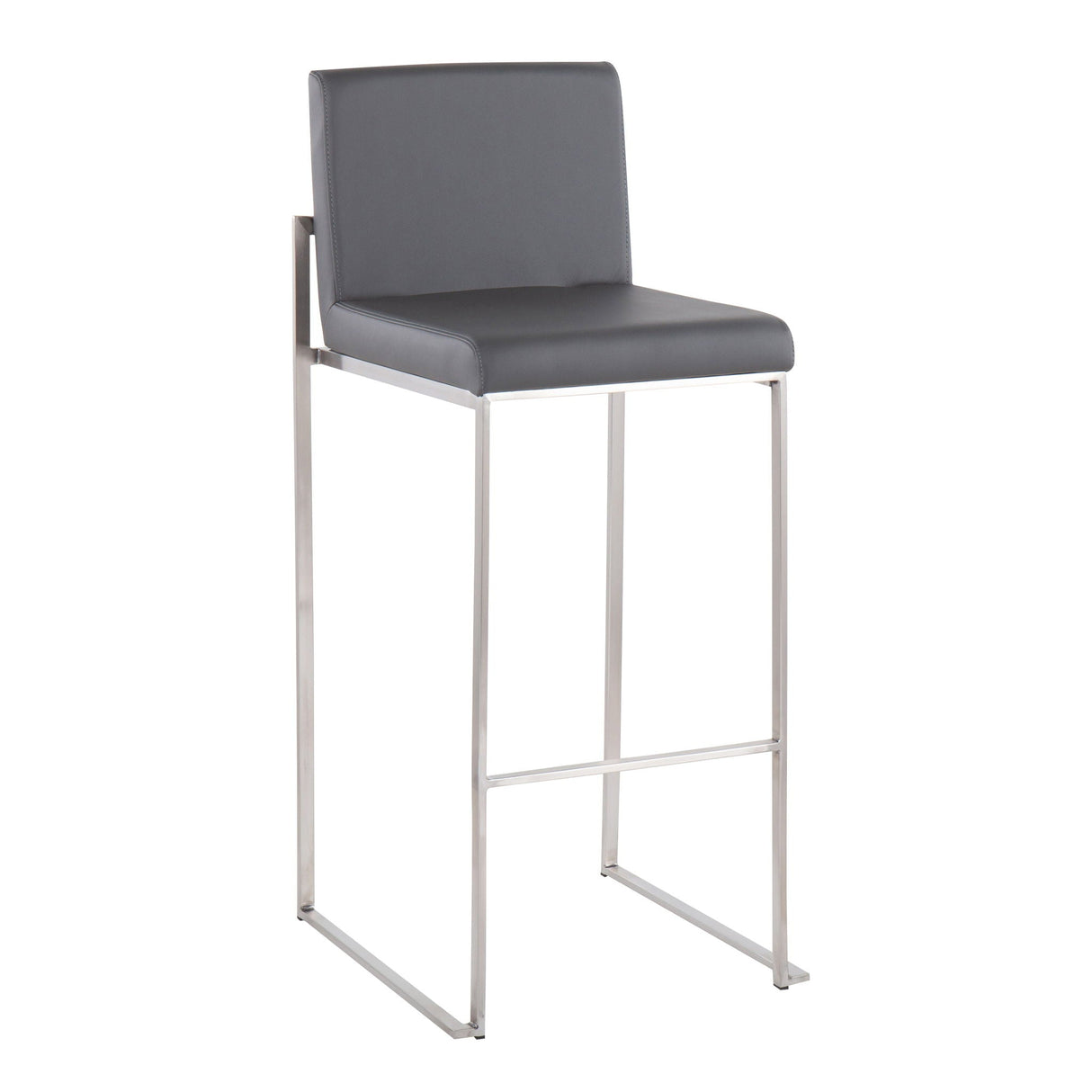 The Fuji - Contemporary And Modern Elegance High Back Barstool features a grey cushioned seat and backrest, a sleek chrome metal frame, and a built-in footrest for stylish comfort.