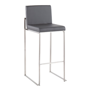 The Fuji - Contemporary And Modern Elegance High Back Barstool features a grey cushioned seat and backrest, a sleek chrome metal frame, and a built-in footrest for stylish comfort.