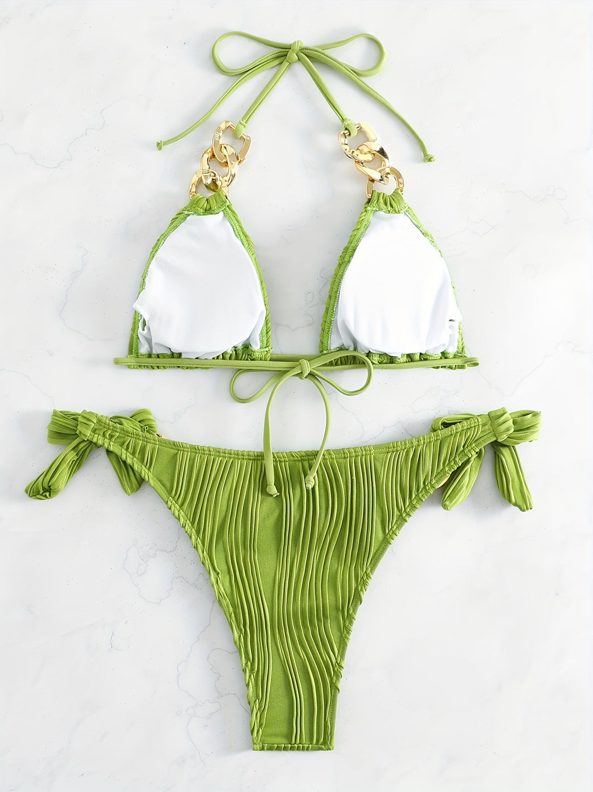 Bikini Ruched Texture Golden Chain 2 Piece Triangle Swimsuit for Women – Striped Halter Bikini Set with Bow Tie Side and Elegant Ring Link Detail – Stretchy Beachwear for Pool Bathing and Summer Vacations