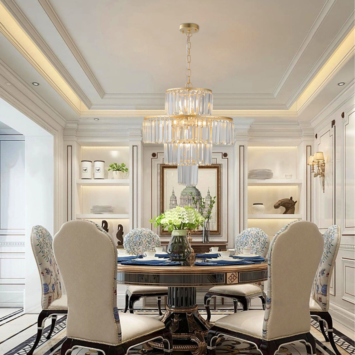 (Same as W1340126461/L5023) 20' Luxury 4-Tier Crystal Chandelier, 12-Light Gold Frame Pendant Light, Elegant Ceiling Lighting for Living Room, Dining Room, Bedroom (No Bulbs)