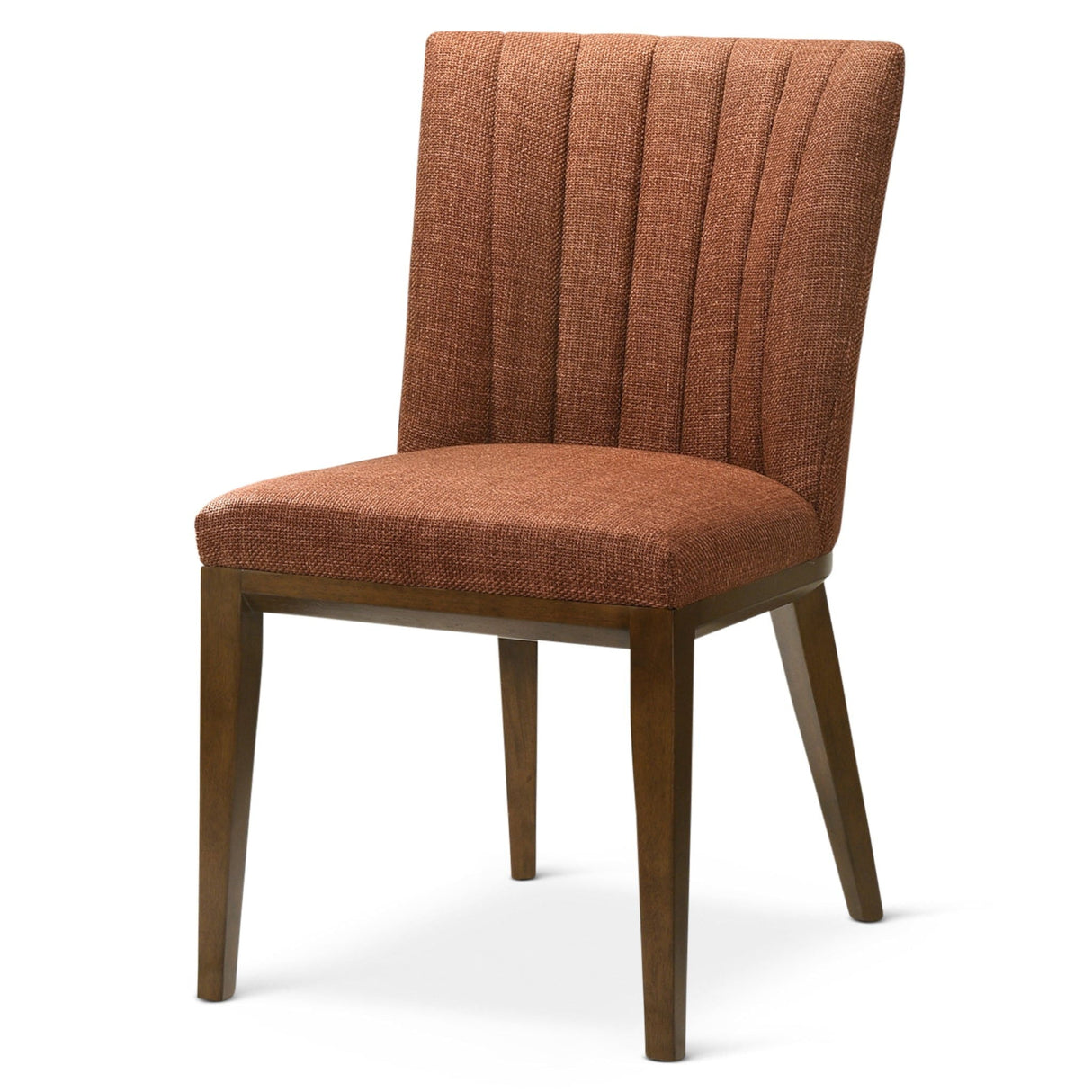 Elmwood - Stylish Dining Chair features cushioned seats and backrests upholstered in textured brown fabric with vertically stitched backrests for a sleek look, all supported by four tapered legs. Sold as a set of 2.