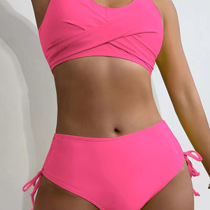 Bikini Twist Front V Neck High Waist 2 Piece Bikini Set for Women – Stretchy Tie Back Swimsuit with Drawstring Lace Up and Comfortable Fit – Trendy Solid Color Swimwear for Beach Days Pool Parties and Summer Vacations