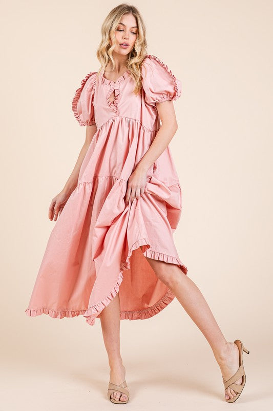 Ruffle Trim Puff Sleeve Tiered Babydoll Midi Dress – Fluttering, Sweet, Elegant, Feminine, and Trendy Babydoll Midi Dress with Ruffle Trim and Puff Sleeves