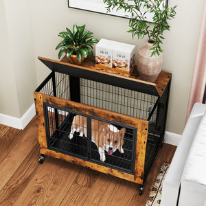 Industrial Dog Kennel with Flip-up Top 3 Lockable Doors and Removable Tray-Rustic Brown