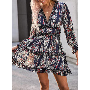 Dokotoo Womens Spring Summer Deep V Neck Ruffle Long Sleeve Floral Print Mini Dress