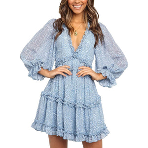 Dokotoo Womens Spring Summer Deep V Neck Ruffle Long Sleeve Floral Print Mini Dress