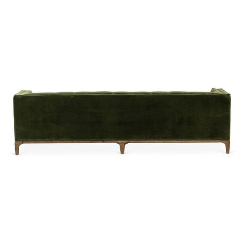 Rear view of the Caledonia Sofa in Sapphire Olive Velvet, featuring a sleek, rectangular design. It has a tufted back and wooden legs, giving it a modern and elegant appearance.