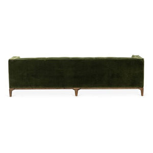 Rear view of the Caledonia Sofa in Sapphire Olive Velvet, featuring a sleek, rectangular design. It has a tufted back and wooden legs, giving it a modern and elegant appearance.