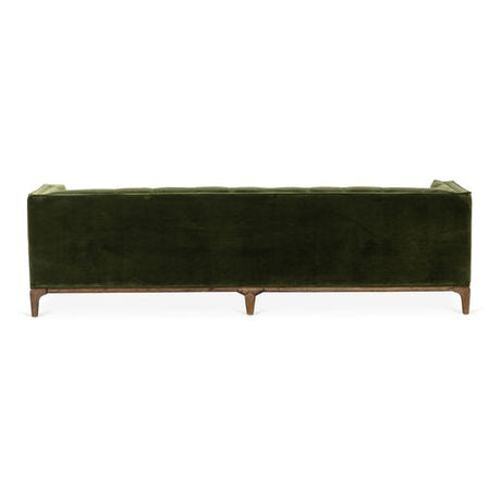 Rear view of the Caledonia Sofa in Sapphire Olive Velvet, featuring a sleek, rectangular design. It has a tufted back and wooden legs, giving it a modern and elegant appearance.