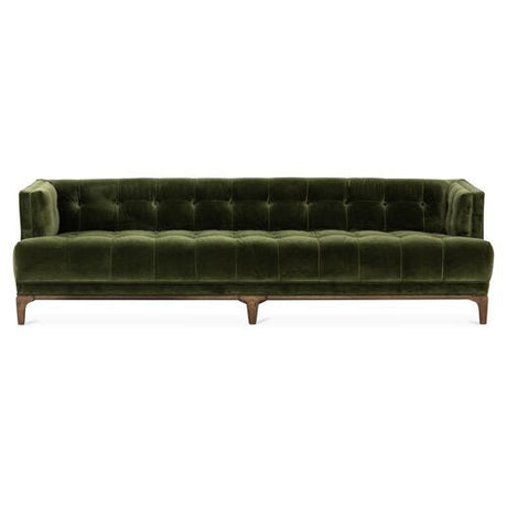 The Caledonia Sofa, upholstered in a rich sapphire olive velvet, features a tufted backrest and square armrests, all elegantly set on a wooden base.