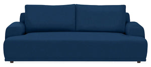 Introducing the Fia 90" Sofa - a spacious, contemporary navy blue sofa characterized by its wide armrests and minimalist design. It includes two back cushions and a smooth, solid base, making it ideal for both seating and lounging, all set against a plain white background.