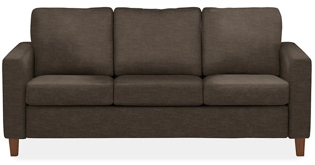 The Berin Day & Night Sleeper Sofa is a dark brown three-seater with square arms and wooden legs, set against a white background.