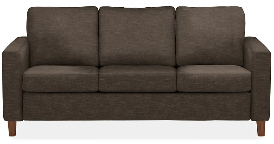 The Berin Day & Night Sleeper Sofa is a dark brown three-seater with square arms and wooden legs, set against a white background.