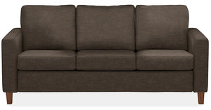 The Berin Day & Night Sleeper Sofa is a dark brown three-seater with square arms and wooden legs, set against a white background.