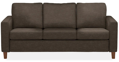 The Berin Day & Night Sleeper Sofa is a dark brown three-seater with square arms and wooden legs, set against a white background.