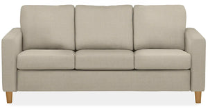 The Berin Day & Night Sleeper Sofa is a beige three-seater featuring square cushions and wooden legs, showcasing a simple, modern design with clean lines.