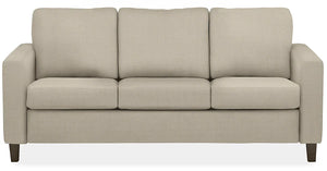 The Berin Day & Night Sleeper Sofa is a modern, beige three-seater designed with plush cushions and straight armrests. It sits on short, dark wooden legs, making it ideal for contemporary living room decor.