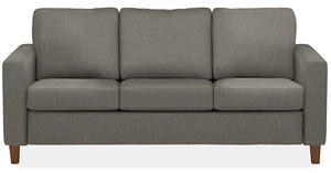 Introducing the Berin Day & Night Sleeper Sofa, a sleek three-seater with dark gray fabric upholstery and elegant wooden legs. It comes complete with three cushions for both the seat and backrest.