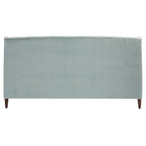 A Sage Velvet upholstered Dawes Sofa with wooden legs, featuring a rectangular shape and a smooth surface, seen from the back view.
