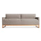 A modern, minimalist gray upholstered sofa with a wooden frame and low-profile armrests, seated on a rectangular wooden base. The sofa has two back cushions and a sleek, contemporary design.