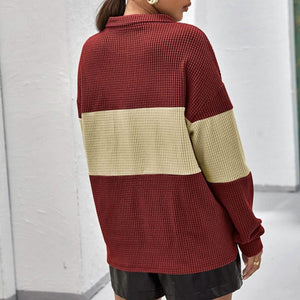 Drop Shoulder Two Tone Textured Half Placket Pullover