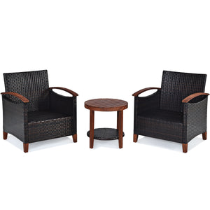 3 Pieces Patio Rattan Furniture Set with Washable Cushion and Acacia Wood Tabletop-Beige