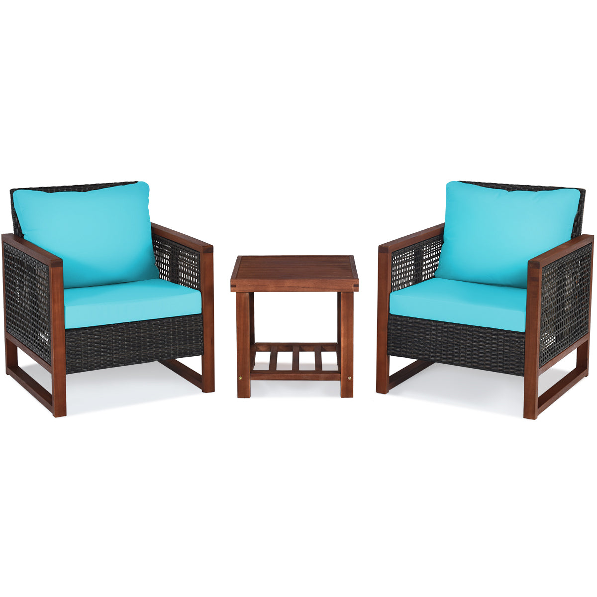 3 Pieces Patio Wicker Furniture Set with Washable Cushion and Acacia Wood Coffee Table-Beige