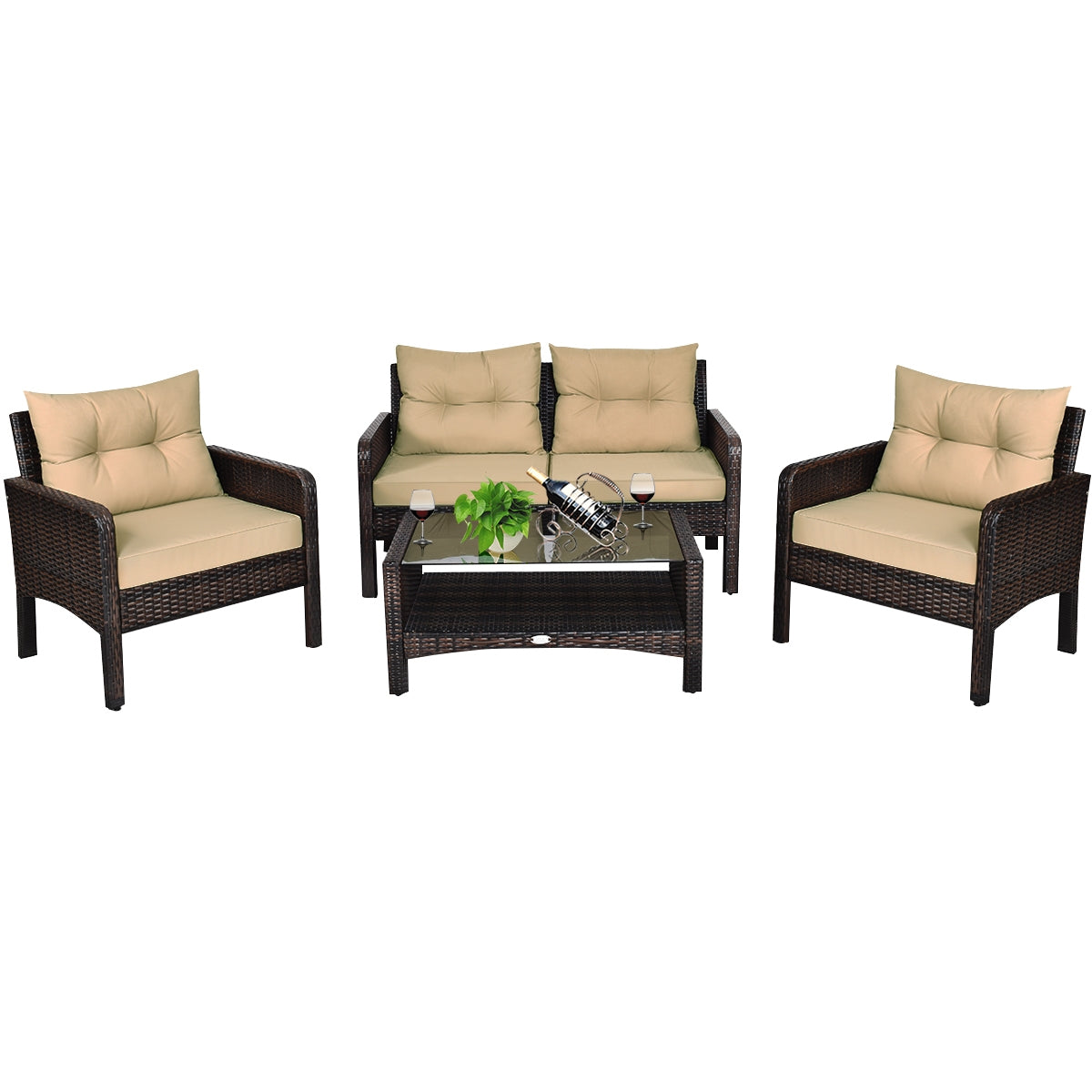 4 Pieces Outdoor Rattan Wicker Loveseat Furniture Set with Cushions-Red