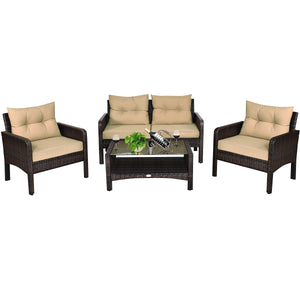 4 Pieces Outdoor Rattan Wicker Loveseat Furniture Set with Cushions-Red