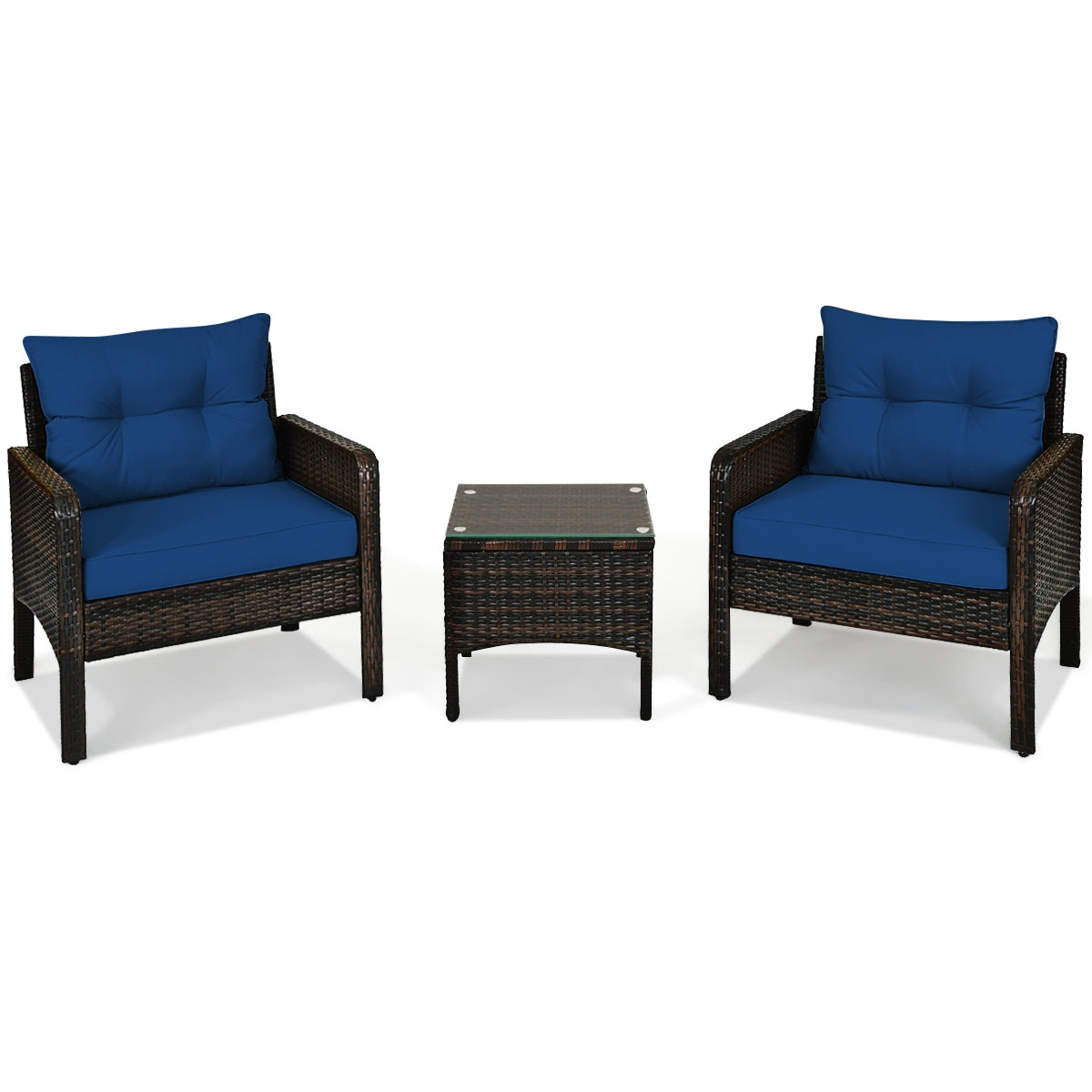 3 Pieces Outdoor Patio Rattan Conversation Set with Seat Cushions-Navy by DirectDeals