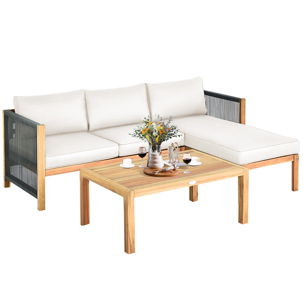 3 Piece Patio Acacia Sofa Set with Nylon Armrest