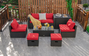 8 Pieces Patio Rattan Storage Table Furniture Set-Red