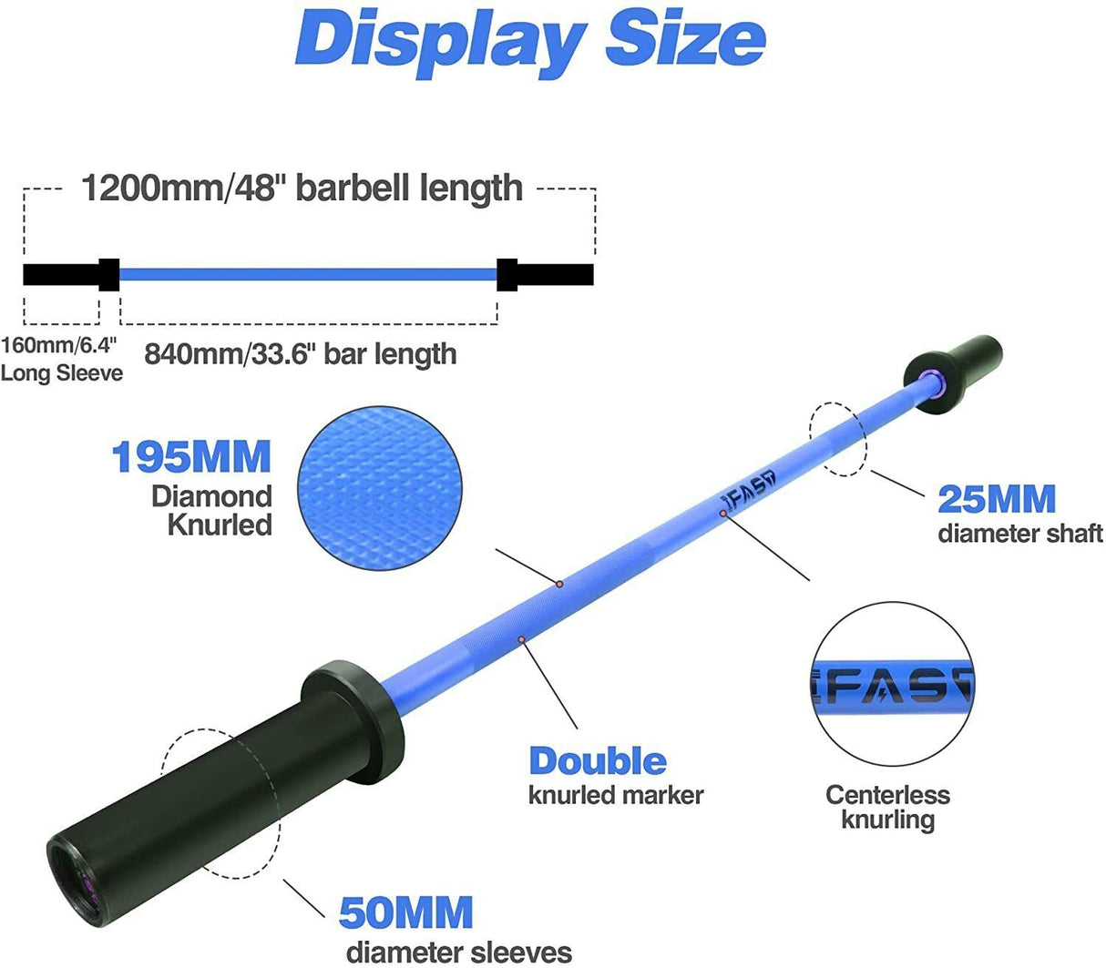 Blue Olympic Barbell Bar, 4Ft Solid Chrome Weight Bar with Bearings, 400Lbs Capacity Weightlifting Bar for Home Gym Workout Strength Training Squat, Suitable for 2-Inch Plates