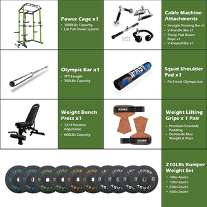 210lb Green Home Gym Set Multi-functional Power Cage, Home Adjustable Pullup power Rack 1000Lbs Capacity Comprehensive Fitness Barbell Rack