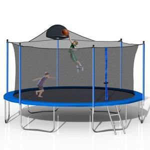 14FT Family Trampoline with Basketball Hoop and Safety Net for All Ages