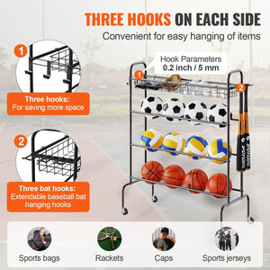 Rolling 4-Layer Basketball Rack with Wheels - Versatile Sports Equipment Holder