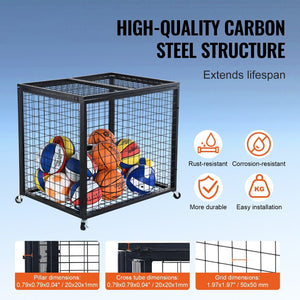 Heavy-Duty Sports Ball Storage Cart with Lockable Basketball Cage and Double Lids