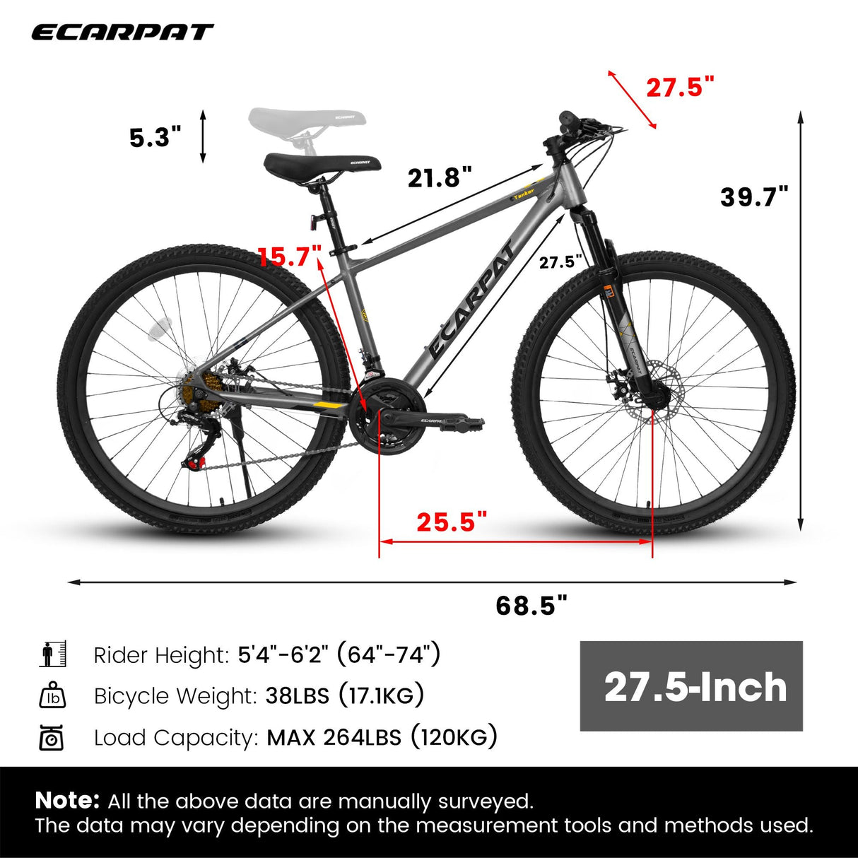 A27312 Mountain Bike 27.5 Inch Wheels, 21-Speed Mens Womens Trail Commuter City Mountain Bike, Aluminium Frame Disc Brakes Thumb Shifter Front Fork Bicycles