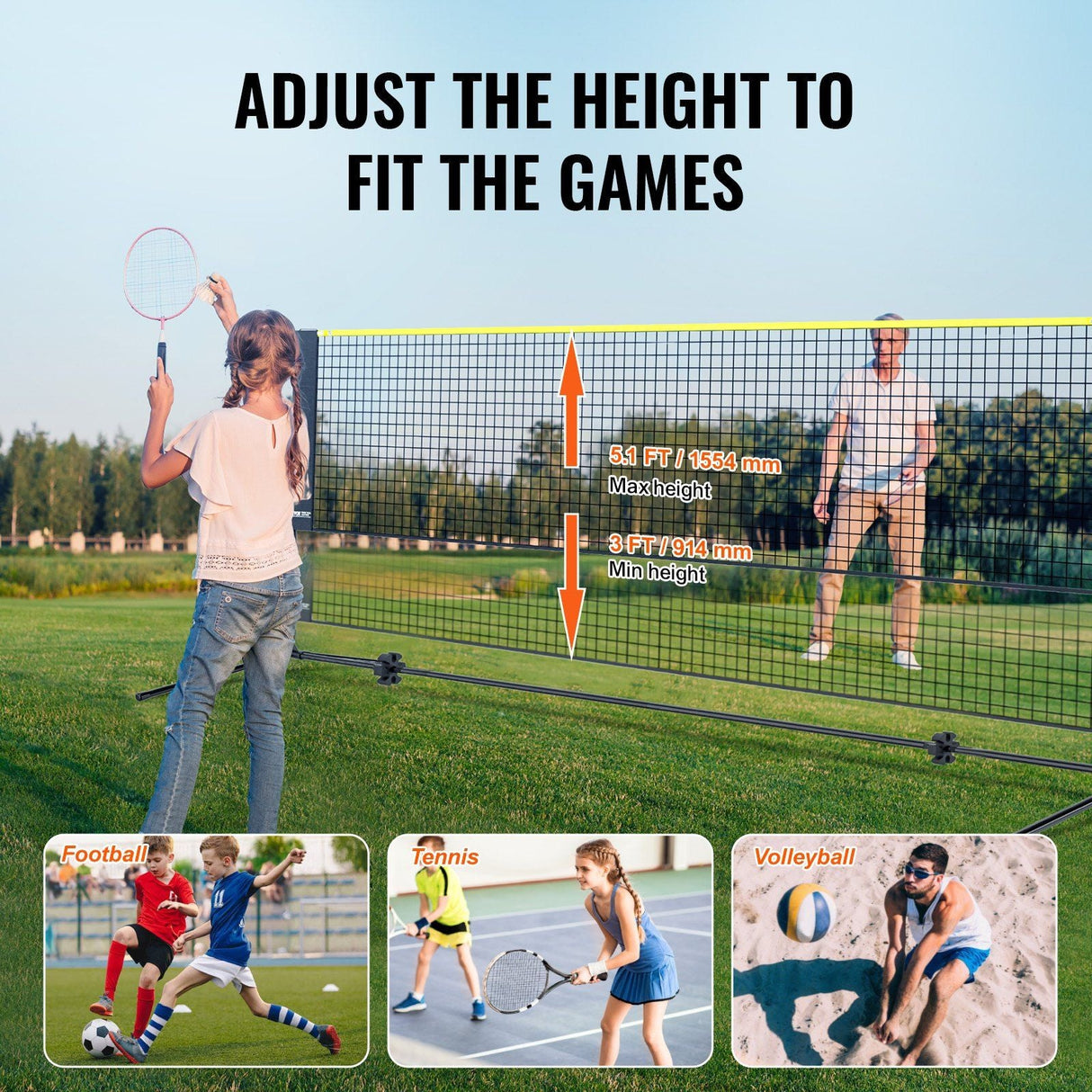Badminton Net, Height Adjustable Volleyball Net, 20ft Wide Foldable Pickleball Net, Portable Tennis Net Set with Poles, Stand, Bag,