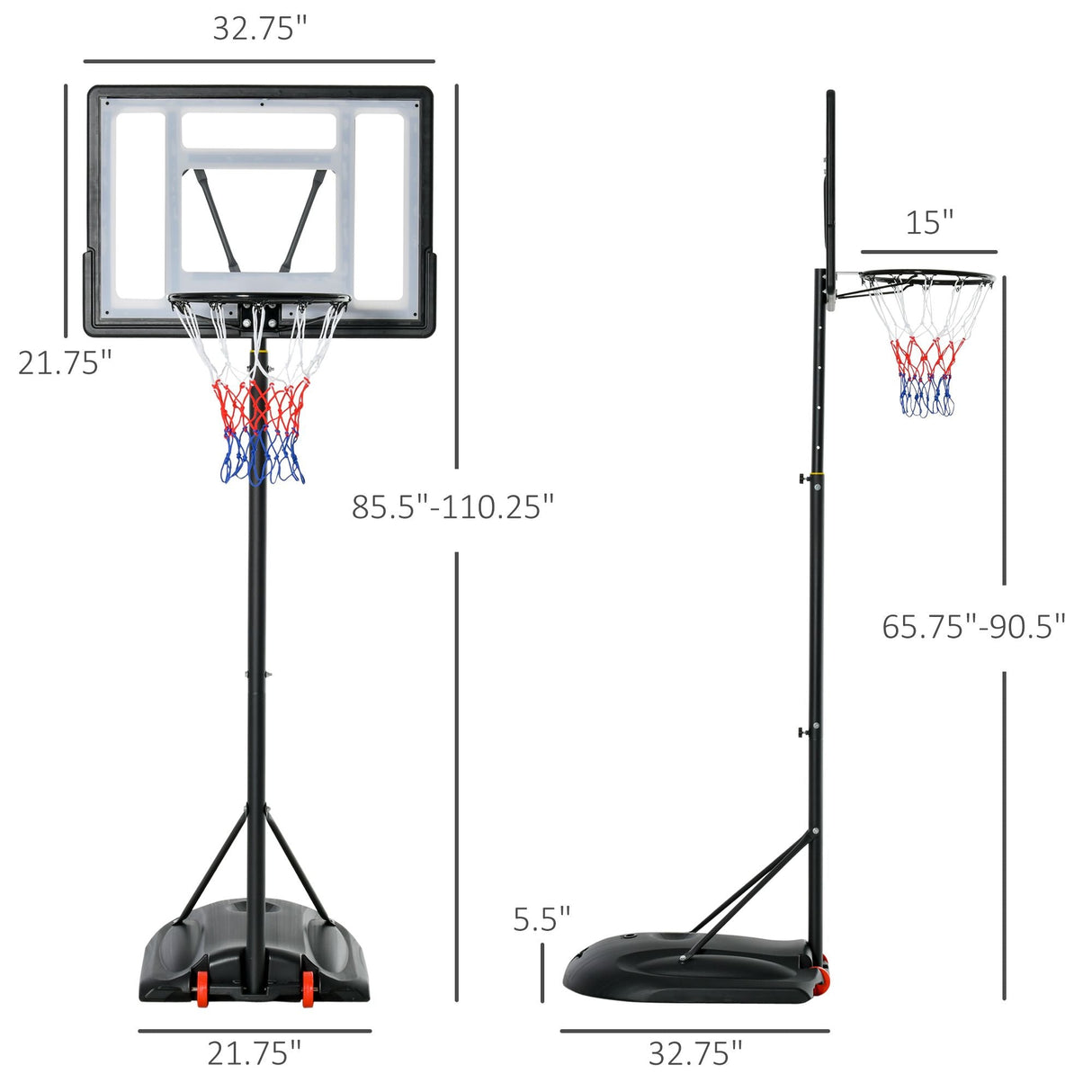 Soozier Freestanding Basketball Hoop Stand 5.5ft-7.5ft Adjustable Transparent Backboard with Wheels for Teens