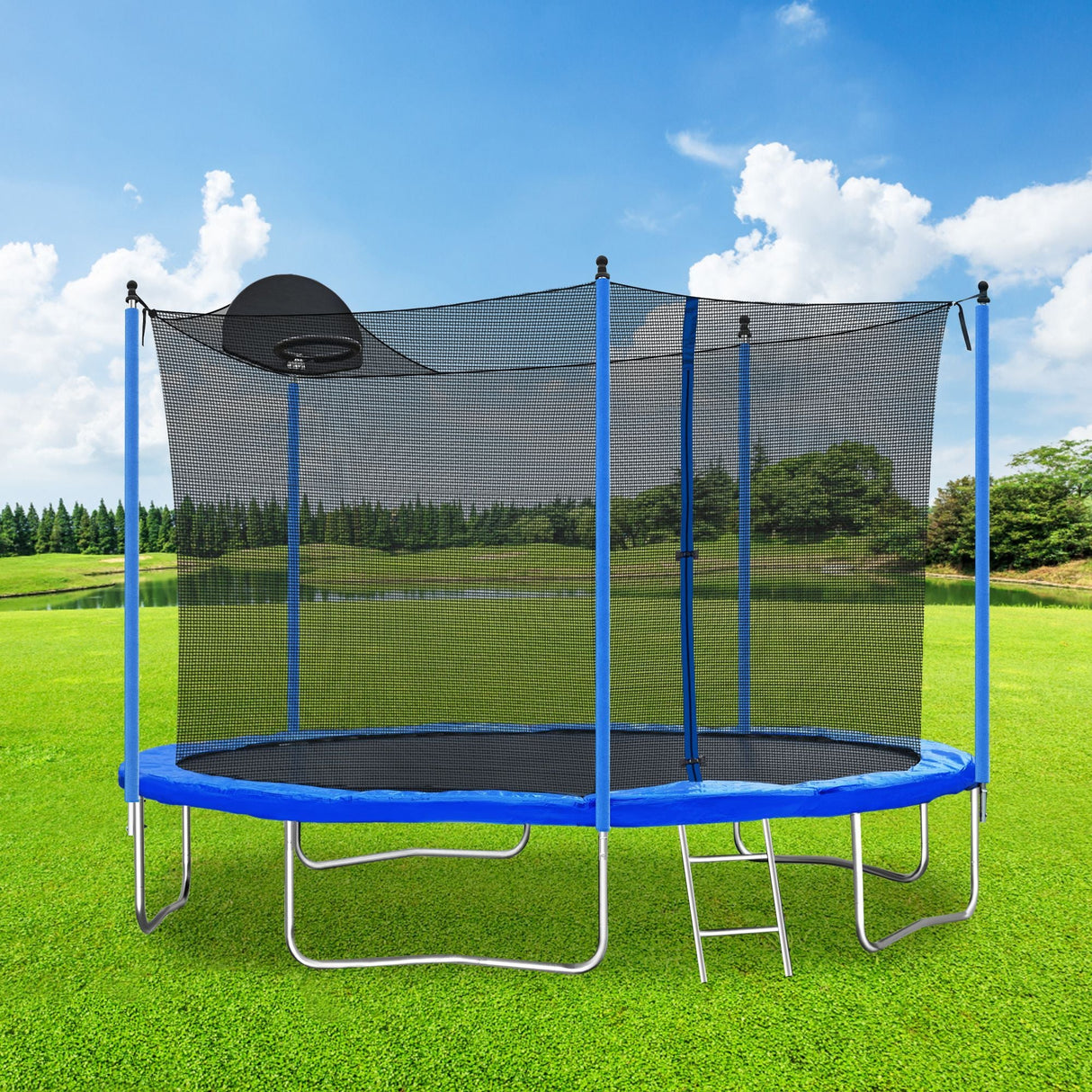 12FT Trampoline with Safety Enclosure and Ladder - Perfect for Kids and Adults, Includes Basketball Hoop