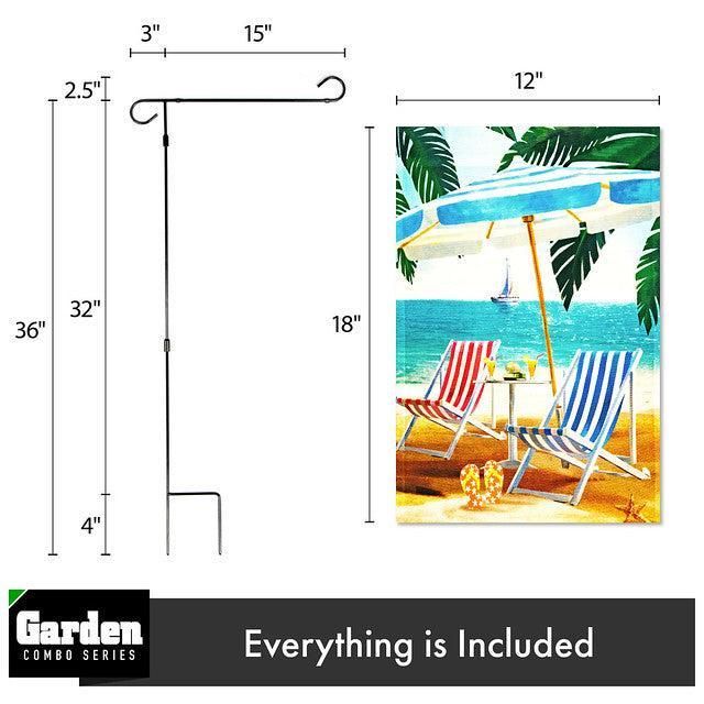 Combo Pack Garden Flag Stand Black 36x16 Inch & Garden Flag Beach Summer with Chairs Umbrella 12x18 Inch