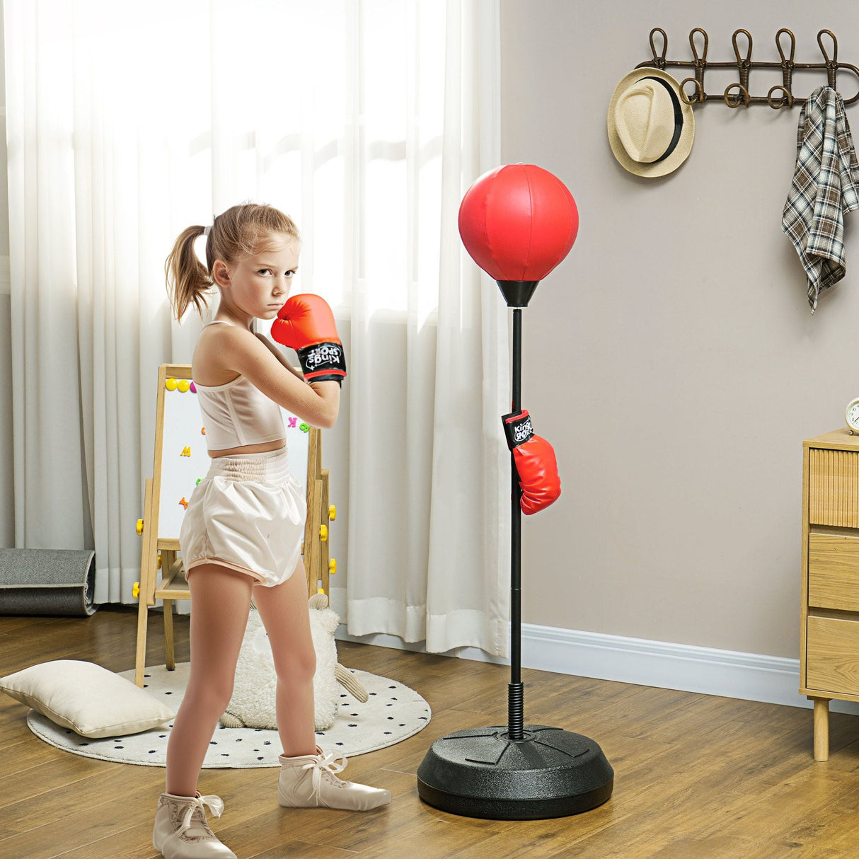 Qaba Punching Bag for Kids, Kids Punching Bag with Stand for 5-10 Year Old, Adjustable Kids Boxing Bag with Boxing Gloves, Boxing Set, Sports Toy for Boys & Girls