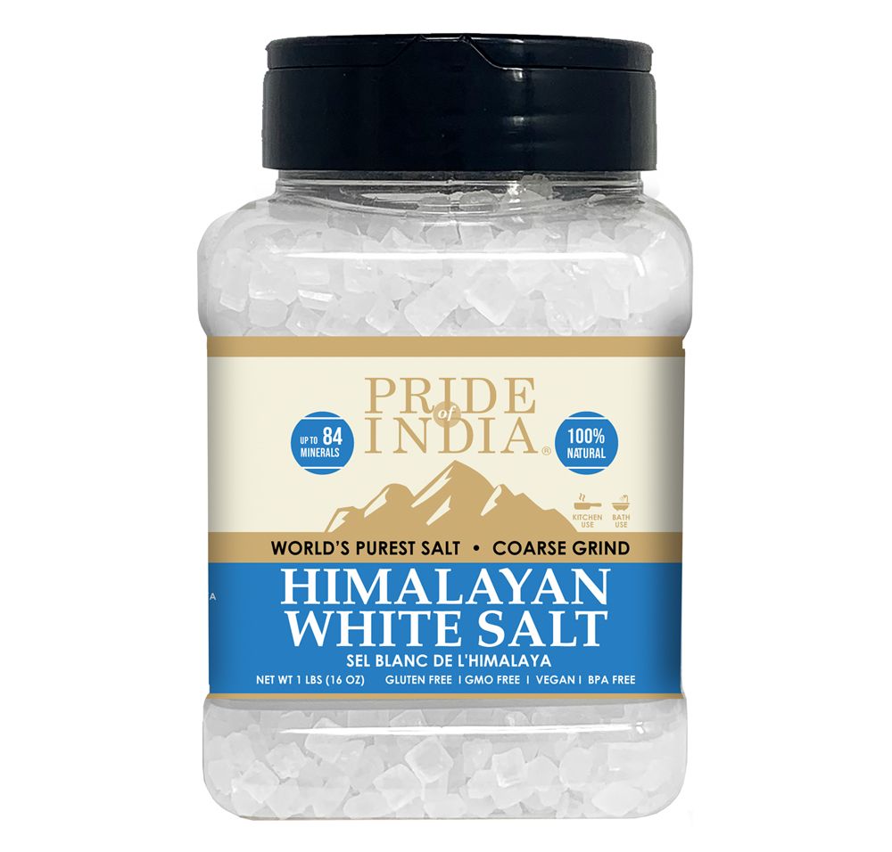 Himalayan White Salt by Pride Of India - 1lb - Rarest & Enriched W/84+ Natural Minerals- Low Sodium- Mineral Rich Nutrition and Enhanced Taste- Healthier Table Salt Substitute
