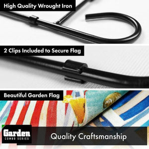 Combo Pack Garden Flag Stand Black 36x16 Inch & Garden Flag Beach Summer with Chairs Umbrella 12x18 Inch