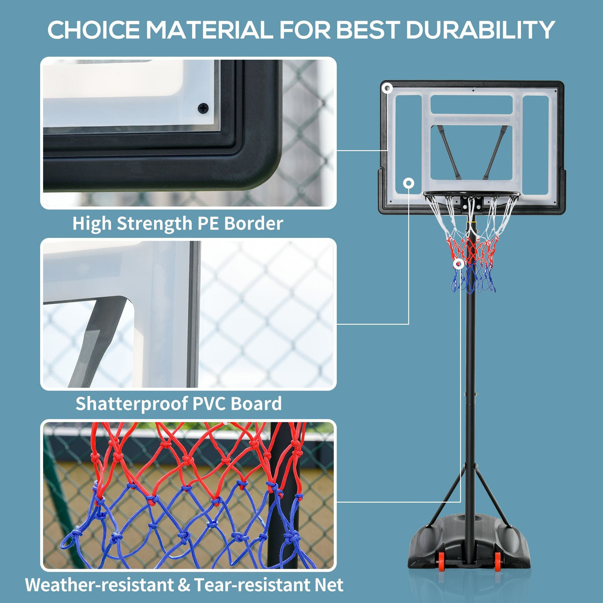 Soozier Freestanding Basketball Hoop Stand 5.5ft-7.5ft Adjustable Transparent Backboard with Wheels for Teens