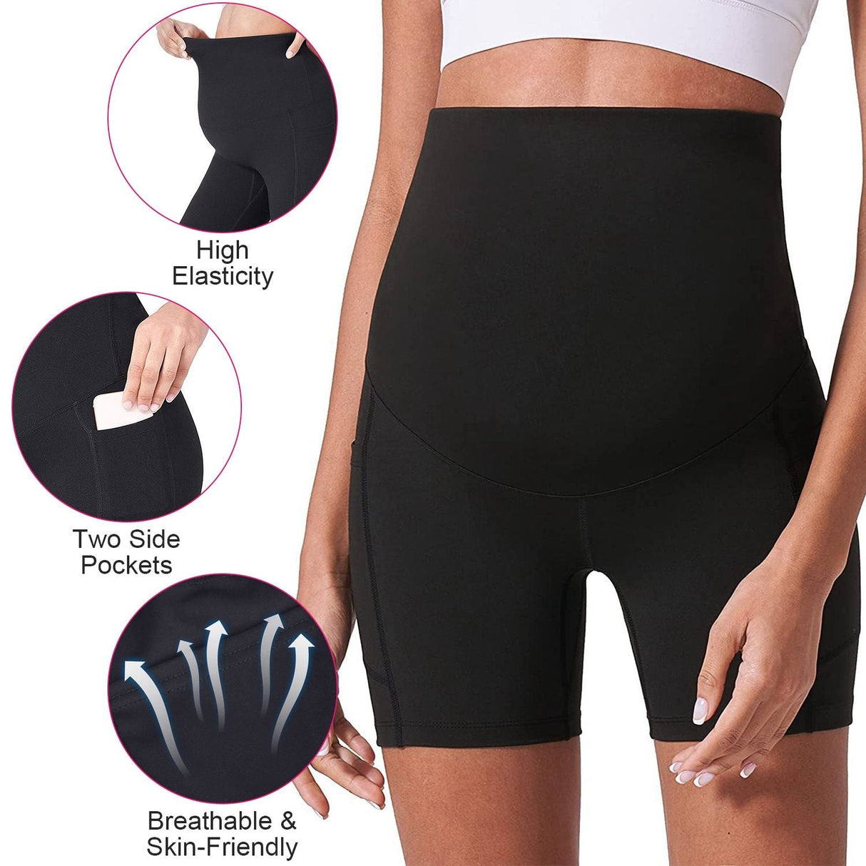 Women Maternity bike Shorts Seamless Pregnancy Short Underwear Shapewear Fitness Yoga maternity alethic Shorts High Waist Over the Belly Pants with Two Side Pockets
