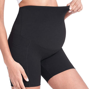 Women Maternity bike Shorts Seamless Pregnancy Short Underwear Shapewear Fitness Yoga maternity alethic Shorts High Waist Over the Belly Pants with Two Side Pockets